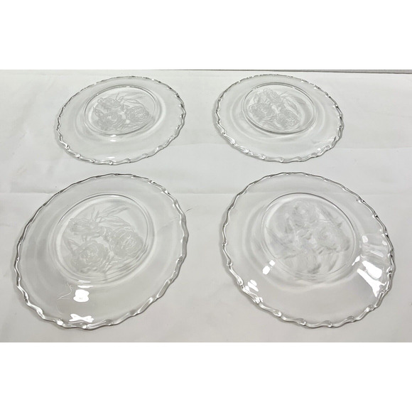 4 Fostoria Camellia Salad Dessert Plates 7.5" Clear Etched‎ Glass Roses Vintage - Picture 4 of 11